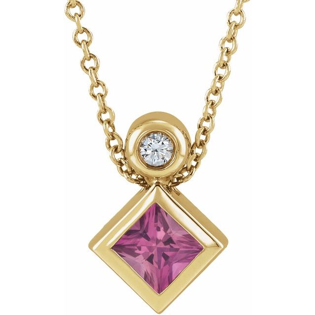 14K Yellow 4x4 mm Square Natural Pink Tourmaline & .03 CT Natural Diamond 16-18" Necklace