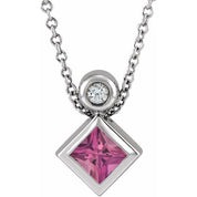 Platinum 4x4 mm Square Natural Pink Tourmaline & .03 CT Natural Diamond 16-18" Necklace