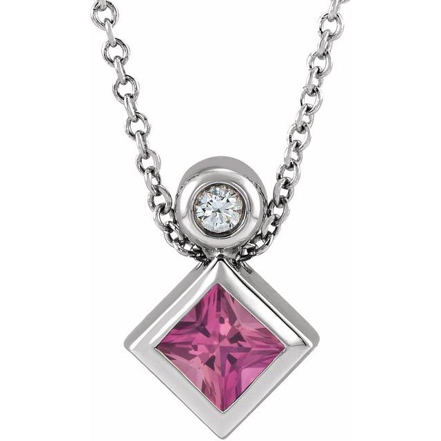Platinum 4x4 mm Square Natural Pink Tourmaline & .03 CT Natural Diamond 16-18" Necklace