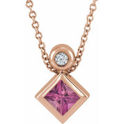 14K Rose 4x4 mm Square Natural Pink Tourmaline & .03 CT Natural Diamond 16-18" Necklace