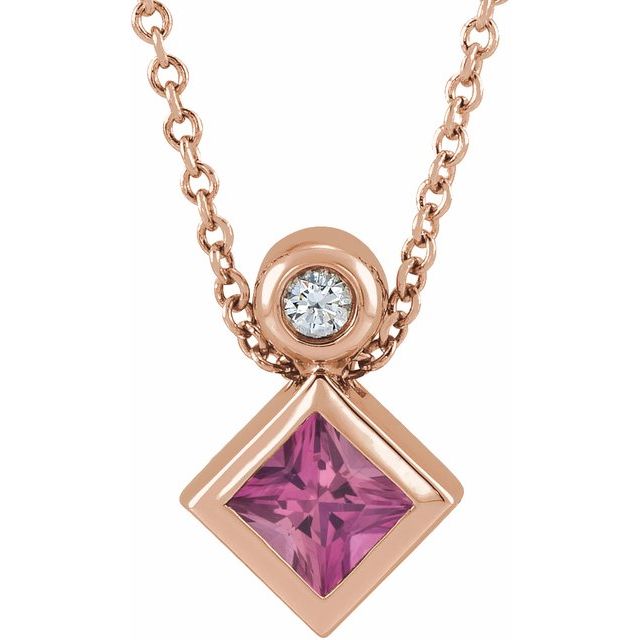 14K Rose 4x4 mm Square Natural Pink Tourmaline & .03 CT Natural Diamond 16-18" Necklace