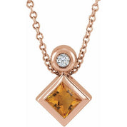 14K Rose 4x4 mm Square Natural Citrine & .03 CT Natural Diamond 16-18" Necklace
