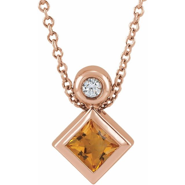 14K Rose 4x4 mm Square Natural Citrine & .03 CT Natural Diamond 16-18" Necklace