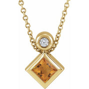 14K Yellow 4x4 mm Square Natural Citrine & .03 CT Natural Diamond 16-18" Necklace