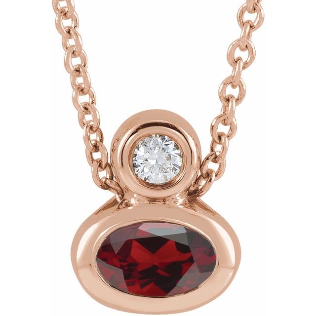 14K Rose 5x3 mm Oval Natural Mozambique Garnet & .03 CT Natural Diamond 16-18" Necklace