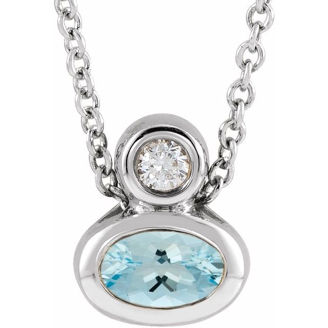 Sterling Silver 5x3 mm Oval Natural Aquamarine & .03 CT Natural Diamond 16-18" Necklace