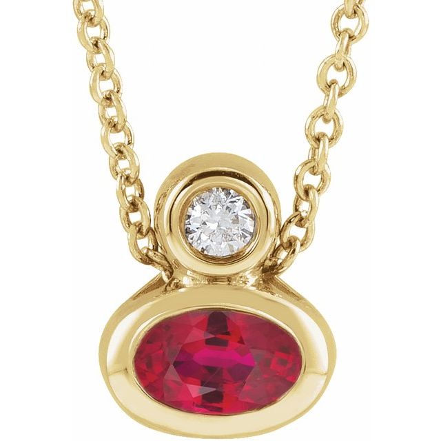 14K Yellow 5x3 mm Oval Lab-Grown Ruby & .03 CT  Natural Diamond 16-18" Necklace