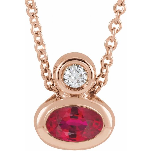 14K Rose 5x3 mm Oval Natural Ruby & .03 CT Natural Diamond 16-18" Necklace
