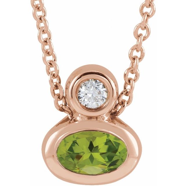 14K Rose 5x3 mm Oval Natural Peridot & .03 CT Natural Diamond 16-18" Necklace