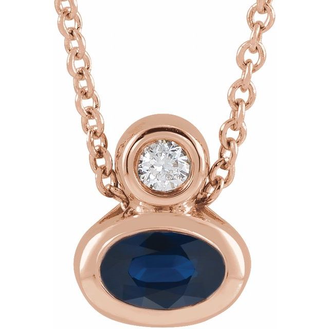 14K Rose 5x3 mm Oval Natural Blue Sapphire & .03 CT Natural Diamond 16-18" Necklace