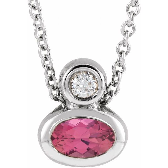 Sterling Silver 5x3 mm Oval Natural Pink Tourmaline & .03 CT Natural Diamond 16-18" Necklace