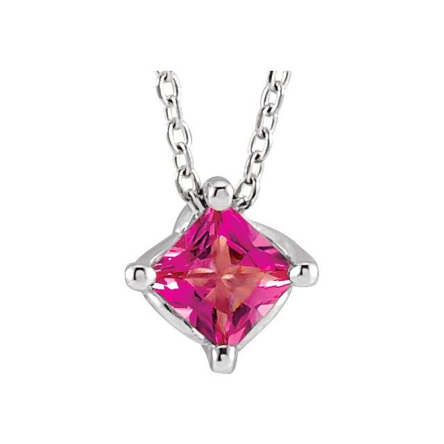Sterling Silver 5x5 mm Square Natural Pink Tourmaline Solitaire 16-18" Necklace