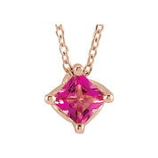 14K Rose 5x5 mm Square Natural Pink Tourmaline Solitaire 16-18" Necklace