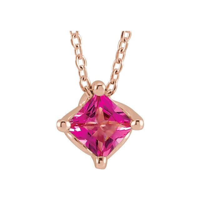 14K Rose 5x5 mm Square Natural Pink Tourmaline Solitaire 16-18" Necklace