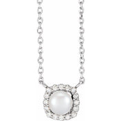 Platinum Cultured White Akoya Pearl .06 CTW Natural Diamond Halo-Style 16" Necklace