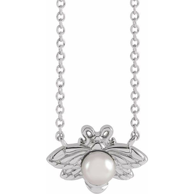Platinum Cultured White Akoya Pearl Bee 18" Necklace