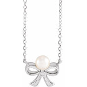 Platinum Cultured White Akoya Pearl Bow 18" Necklace