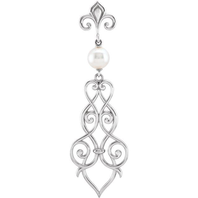 14K White Cultured Akoya Pearl Fleur-de-lis Scroll Pendant