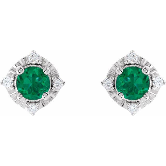 14K White Lab-Grown Emerald & .08 CTW Natural Diamond Halo-Style Earrings