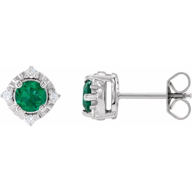 14K White Lab-Grown Emerald & .08 CTW Natural Diamond Halo-Style Earrings