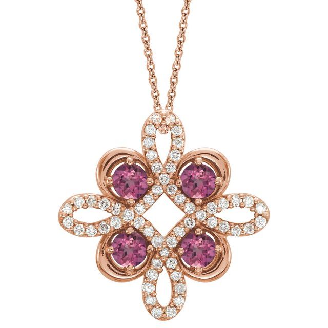 14K Rose Natural Pink Tourmaline & 1/8 CTW Natural Diamond Clover 18" Necklace