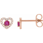 14K Rose Natural Ruby & 1/10 CTW Natural Diamond Heart Earrings