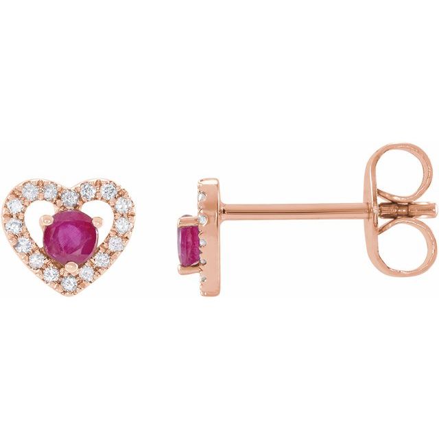 14K Rose Natural Ruby & 1/10 CTW Natural Diamond Heart Earrings