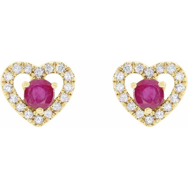 14K Yellow Natural Ruby & 1/10 CTW Natural Diamond Heart Earrings