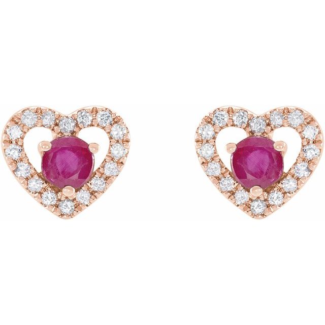 14K Rose Natural Ruby & 1/10 CTW Natural Diamond Heart Earrings