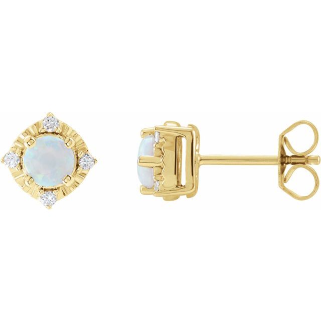 14K Yellow Lab-Grown White Opal & .08 CTW Natural Diamond Halo-Style Earrings