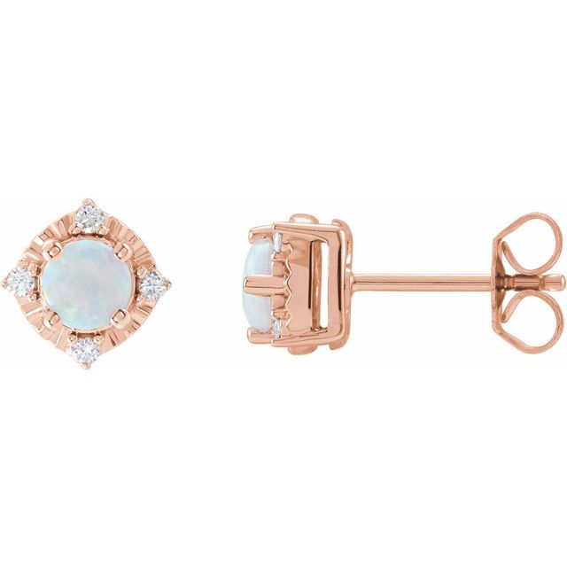 14K Rose Lab-Grown White Opal & .08 CTW Natural Diamond Halo-Style Earrings
