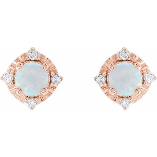 14K Rose Lab-Grown White Opal & .08 CTW Natural Diamond Halo-Style Earrings