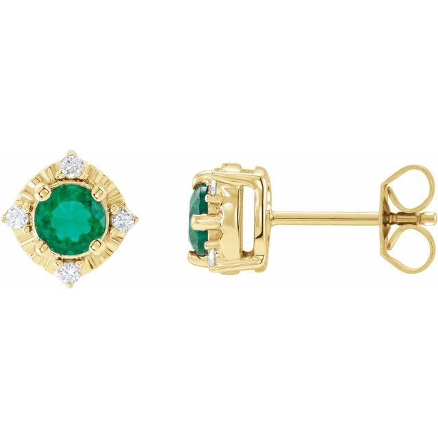 14K Yellow Lab-Grown Emerald & .08 CTW Natural Diamond Halo-Style Earrings