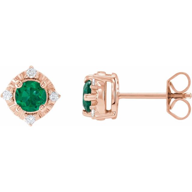 14K Rose Lab-Grown Emerald & .08 CTW Natural Diamond Halo-Style Earrings