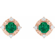 14K Rose Lab-Grown Emerald & .08 CTW Natural Diamond Halo-Style Earrings