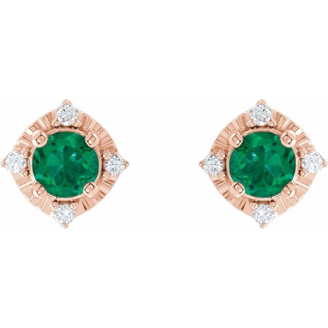 14K Rose Lab-Grown Emerald & .08 CTW Natural Diamond Halo-Style Earrings