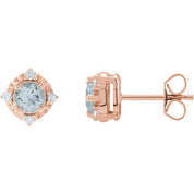 14K Rose Natural Aquamarine & .08 CTW Natural Diamond Halo-Style Earrings