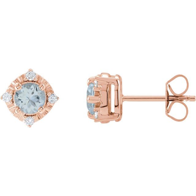 14K Rose Natural Aquamarine & .08 CTW Natural Diamond Halo-Style Earrings