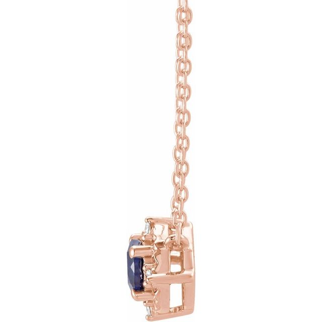 14K Rose Lab-Grown Blue Sapphire & .04 CTW Natural Diamond Halo-Style 18" Necklace