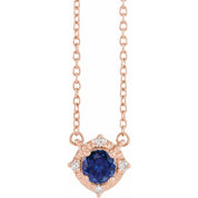 14K Rose Lab-Grown Blue Sapphire & .04 CTW Natural Diamond Halo-Style 18" Necklace