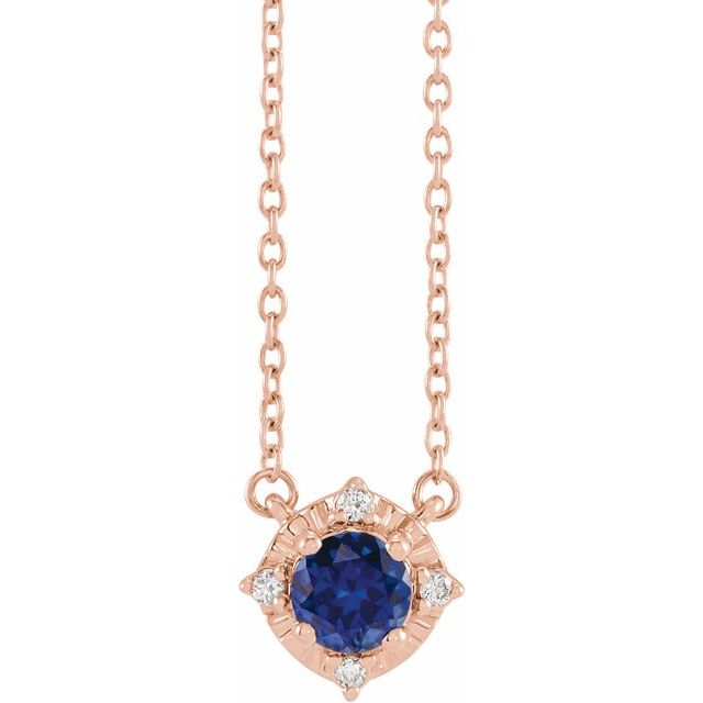 14K Rose Lab-Grown Blue Sapphire & .04 CTW Natural Diamond Halo-Style 18" Necklace