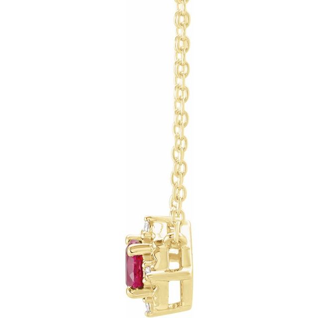 14K Yellow Lab-Grown Ruby & .04 CTW Natural Diamond Halo-Style 18" Necklace