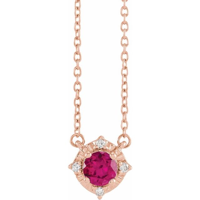 14K Rose Lab-Grown Ruby & .04 CTW Natural Diamond Halo-Style 18" Necklace