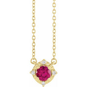14K Yellow Lab-Grown Ruby & .04 CTW Natural Diamond Halo-Style 18" Necklace