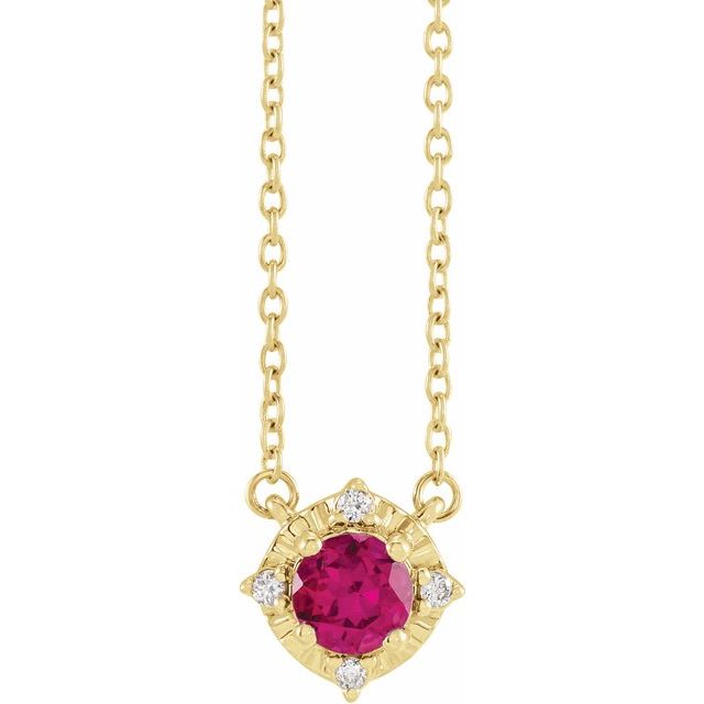 14K Yellow Lab-Grown Ruby & .04 CTW Natural Diamond Halo-Style 18" Necklace