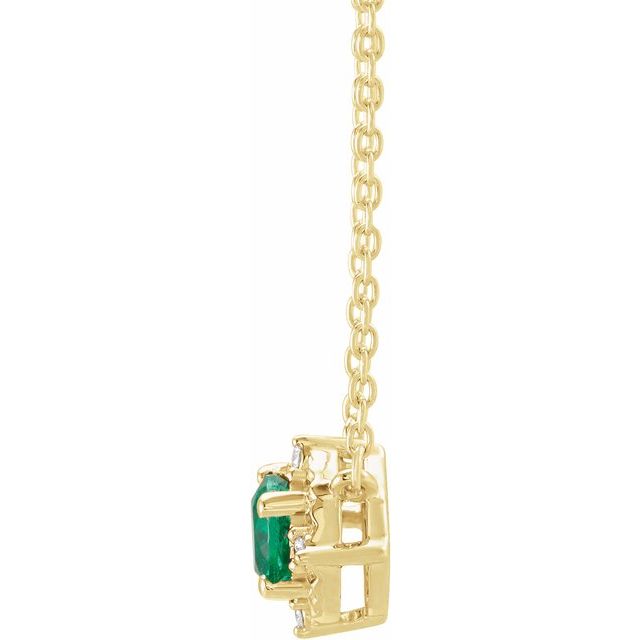 14K Yellow Lab-Grown Emerald & .04 CTW Natural Diamond Halo-Style 18" Necklace