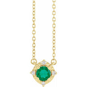 14K Yellow Lab-Grown Emerald & .04 CTW Natural Diamond Halo-Style 18" Necklace