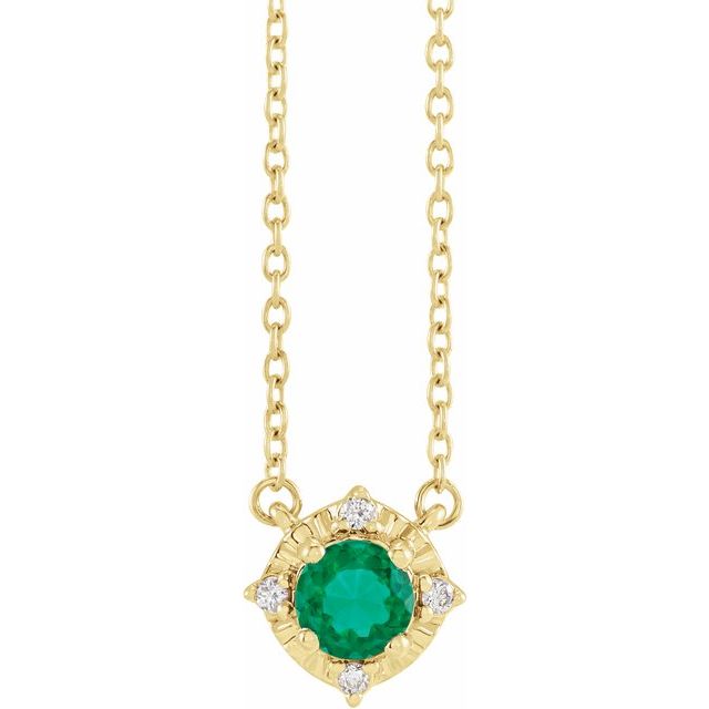 14K Yellow Lab-Grown Emerald & .04 CTW Natural Diamond Halo-Style 18" Necklace