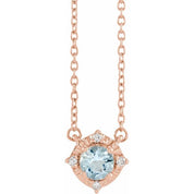 14K Rose Natural Aquamarine & .04 CTW Natural Diamond Halo-Style 18" Necklace