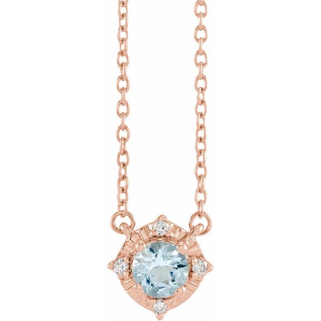 14K Rose Natural Aquamarine & .04 CTW Natural Diamond Halo-Style 18" Necklace